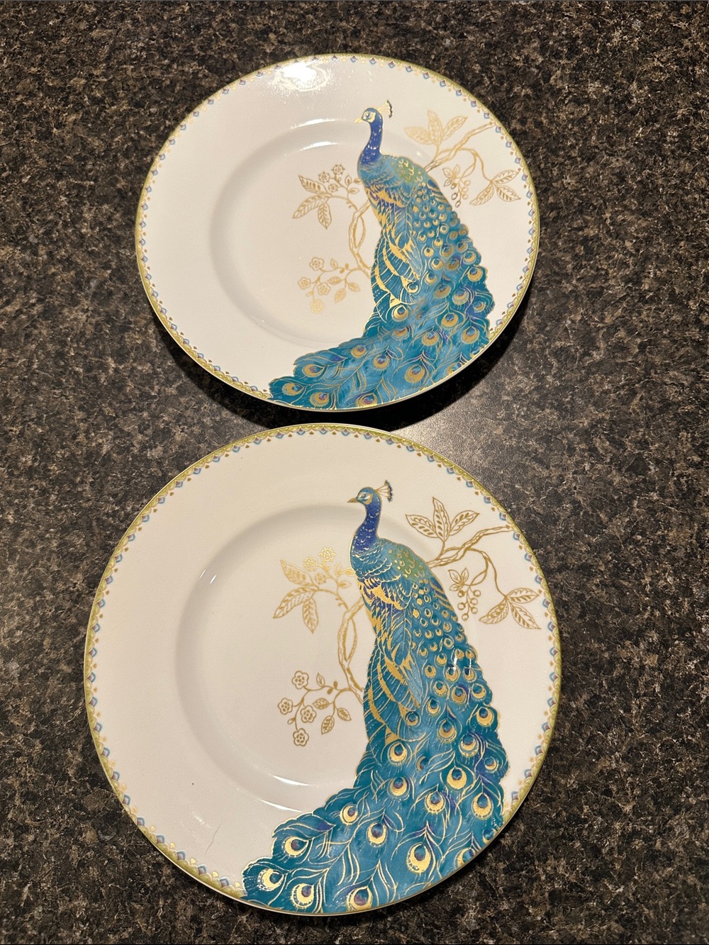 222 Fifth Blue and Gold Peacock Porcelain Dinner Plates